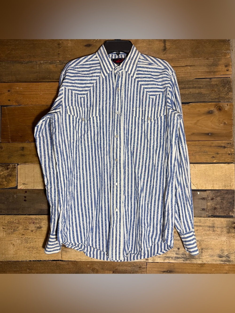 Roper Western Shirt Mens Small White Blue Striped Paisley Cotton Pearl Snap